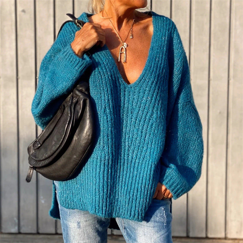 Dame afslappet V-hals sweater med volumøse ærmer og fint strukturmønster Stilla