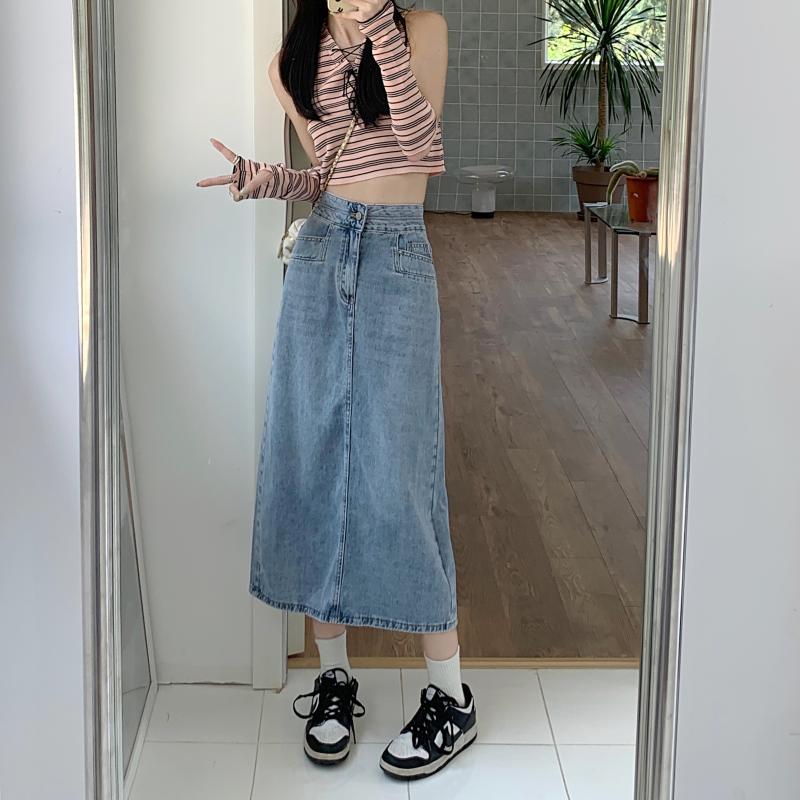 Kvinders afslappede midi denim nederdel med sideslidser Stilla