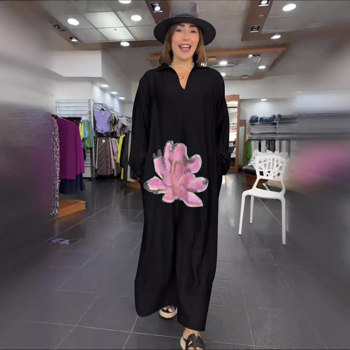 Dame Kaftan-kjole med blomsterdesign og praktiske sidelommer Stilla