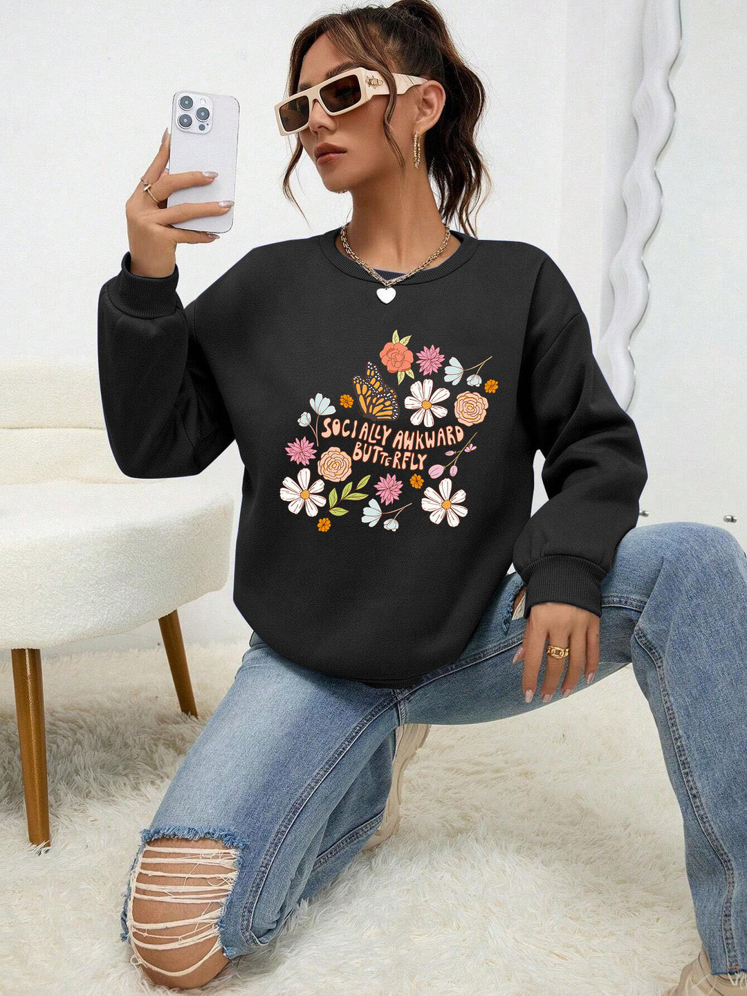 Kvinders sweatshirt med kreativ blomster mønster og inspirerende print Stilla