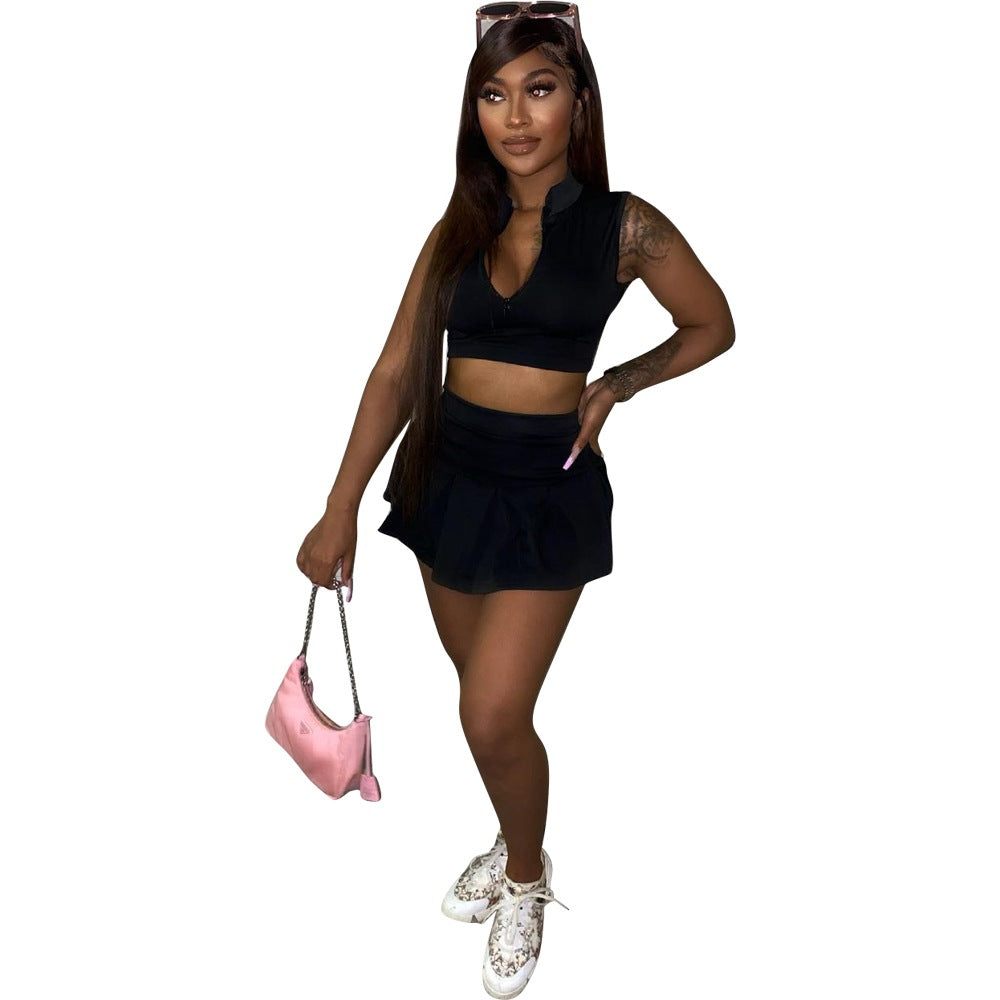 Dame Sporty Kortærmet Sæt med Lynlås og Mode Skirt Stilla