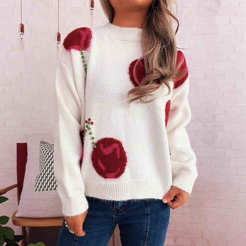 Kvinders hyggelige strikket sweater med blomsterapplikationer og glitrende accenter Stilla