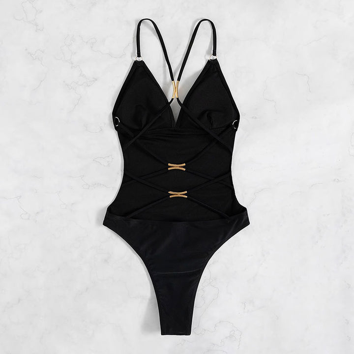 Dame jumpsuit badedragt med dyb V-hals og elegante stropper Skovae