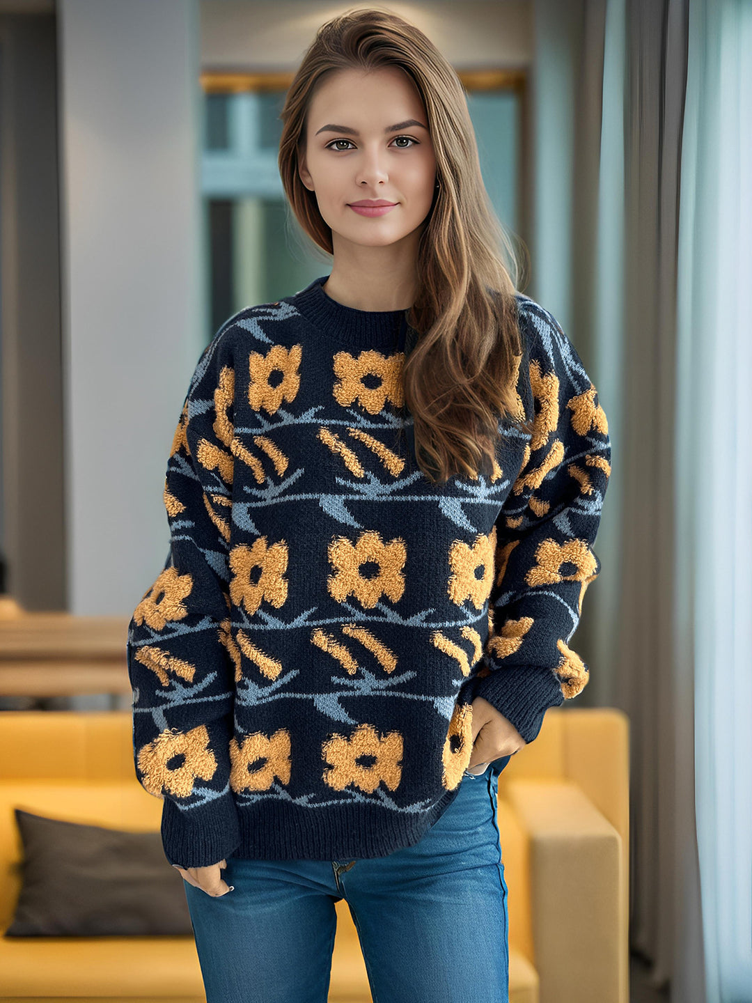 Kvindernes hyggelige strikket sweater med blomster 3D-applikationer Stilla