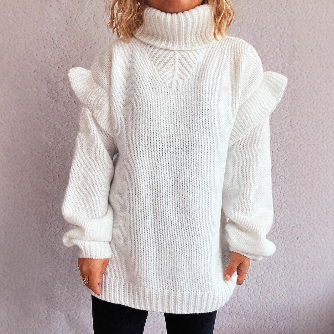 Kvinders strikket sweater med volangdetaljer og høj krave Stilla