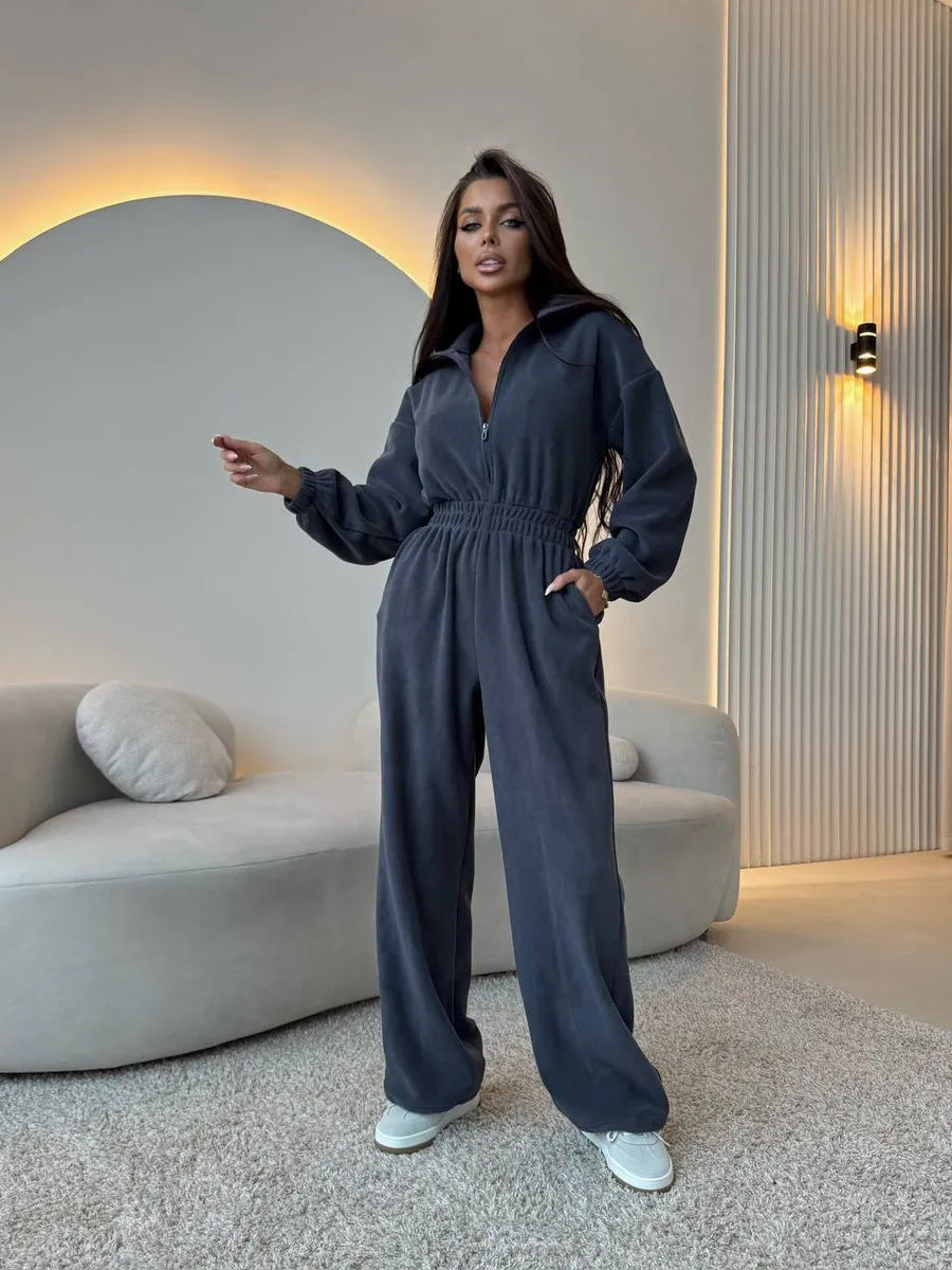 Kvinders elegante fleece jumpsuit med høj krave og elastisk talje Skovae