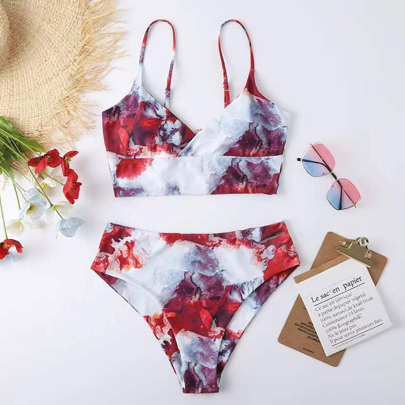 Dame højtaljet bikini-sæt med blomsterdesign Skovae