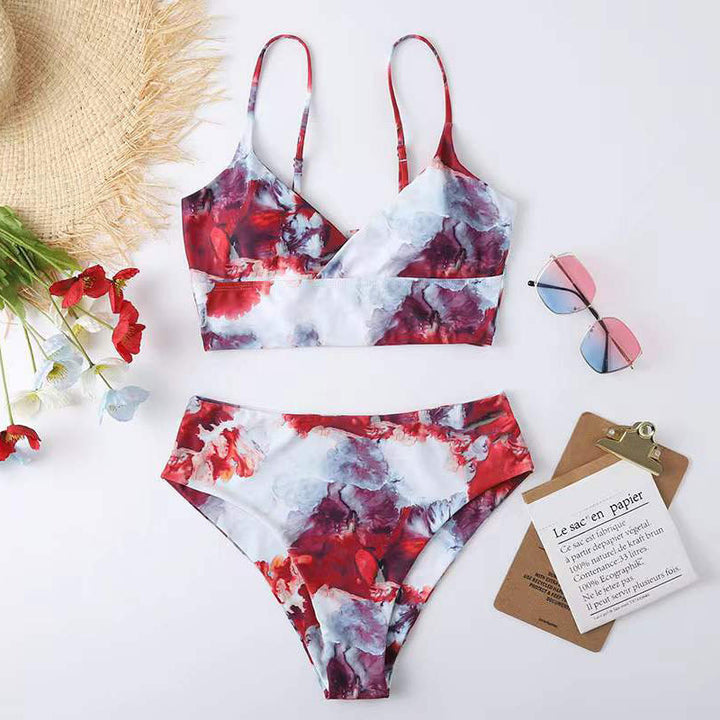 Dame højtaljet bikini-sæt med blomsterdesign Skovae