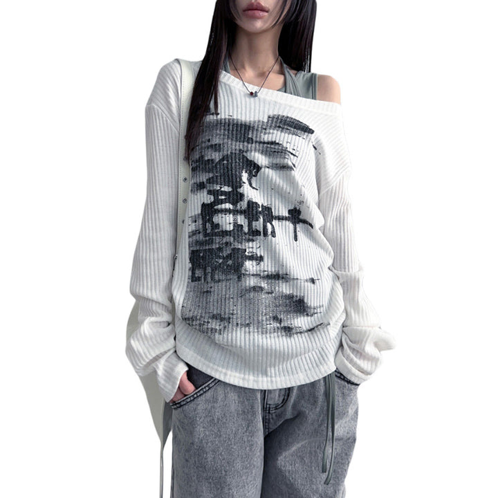 Dame afslappet OverStørrelse-T-shirt med asymmetrisk snit og unikt grafikdesign Stilla