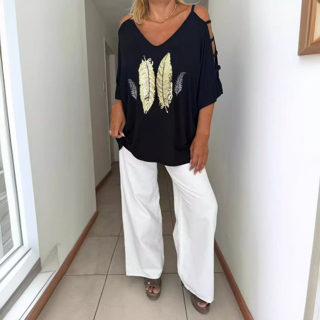 Dame Lækkert top medFashion fjer motiv Stilla