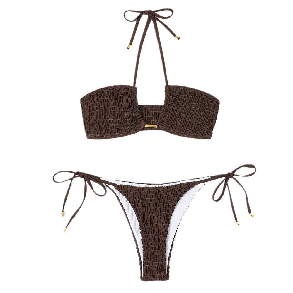 Dame bandeau-bikini-sæt med elastisk ribstof og dekorative snøringer Stilla