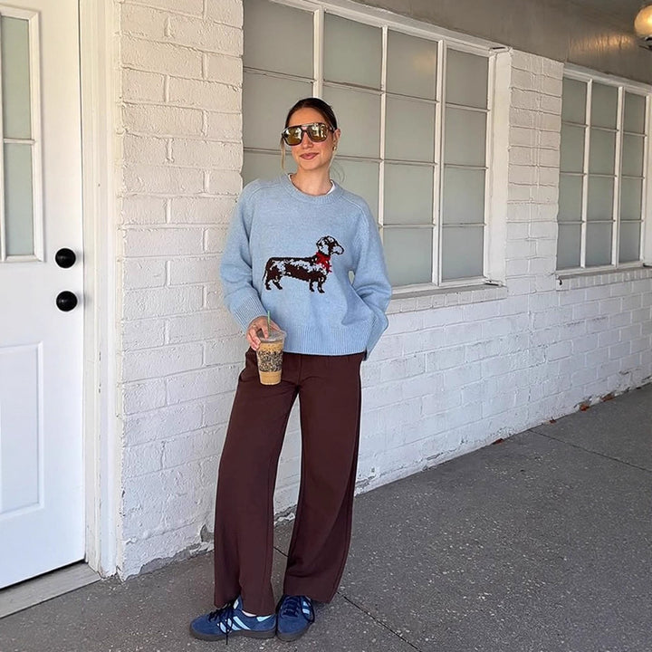Damer strikket sweater med hundemotiv Stilla