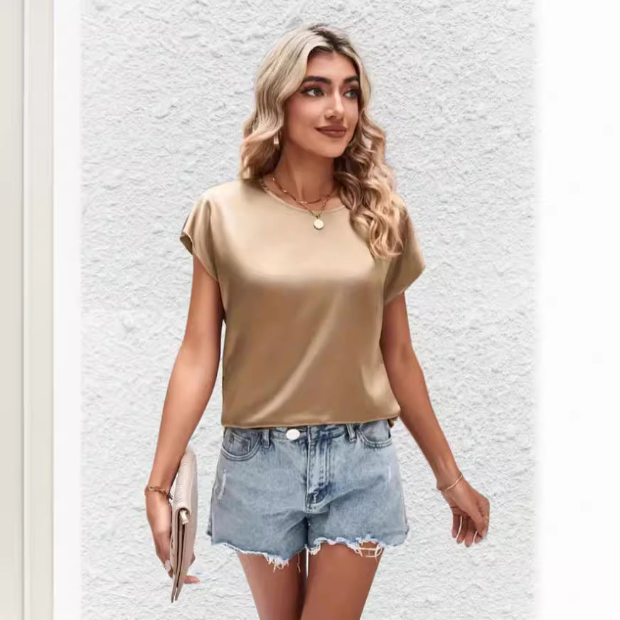 Dame Elegant satin top med afslappet snit og korte ærmer Skovae