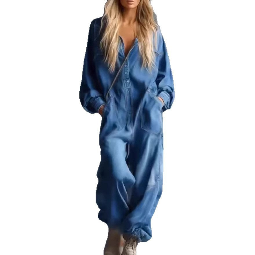 Kvinders afslappede denim jumpsuit med hætte og praktiske lommer Stilla