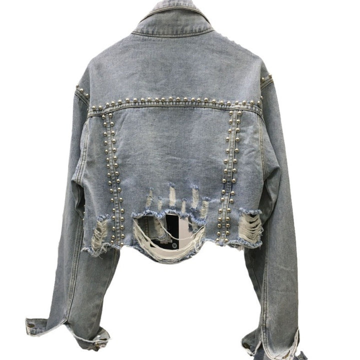 Kvinders designer denimjakke med nitter og frynser Stilla