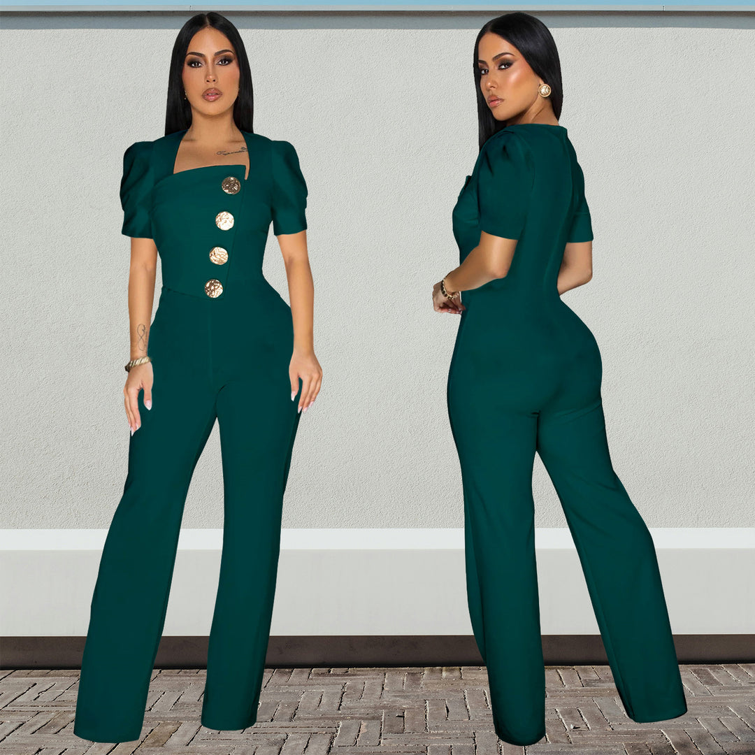 Dame Elegant Jumpsuit med smagfulde knapdetaljer og puffærmer Stilla