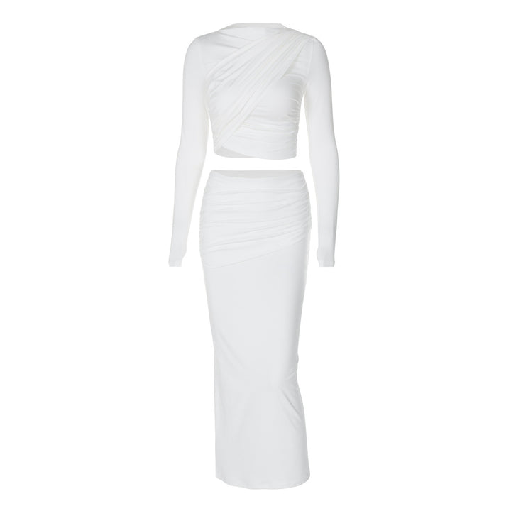 Dame Elegant og tætsiddende crop-top med lang nederdel og raffinerede rynkeelementer Stilla