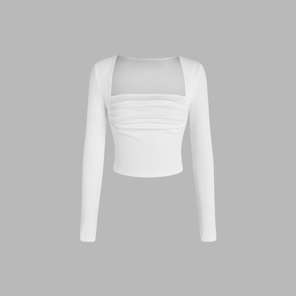 Kvinders cropped langærmet skjorte med sofistikeret draperingsdesign og mode rund halsudskæring Stilla