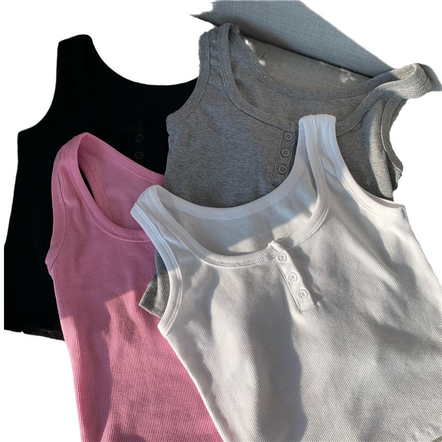 Femme Ribbede Knap-Front Forkortet Tanktop Stilla