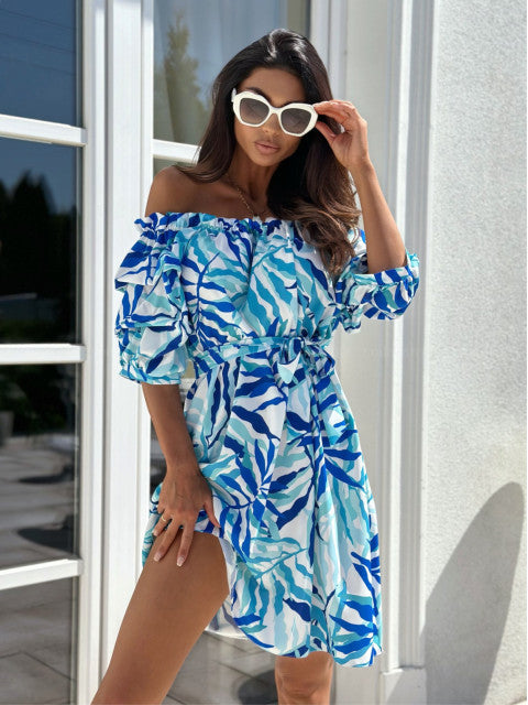 Dame Off-Shoulder Strandkjole med flæse detaljer og taljebælte Stilla