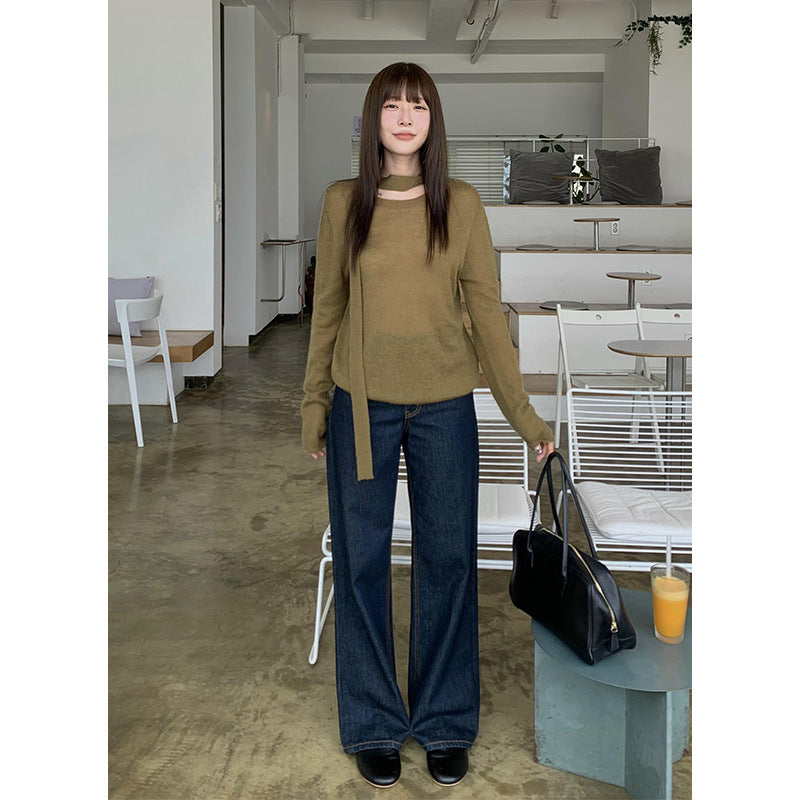 Dame elegant strikpullover med moderne slidsekrave og fin struktur Stilla