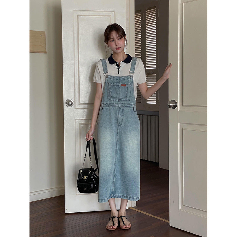 Dame bæltekjole i afslappet denim-stil med store lommer og justerbare stropper Stilla