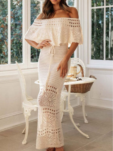 Dame Hæklemaxikjole med smart Off-Shoulder design og elegant hulmønster Stilla