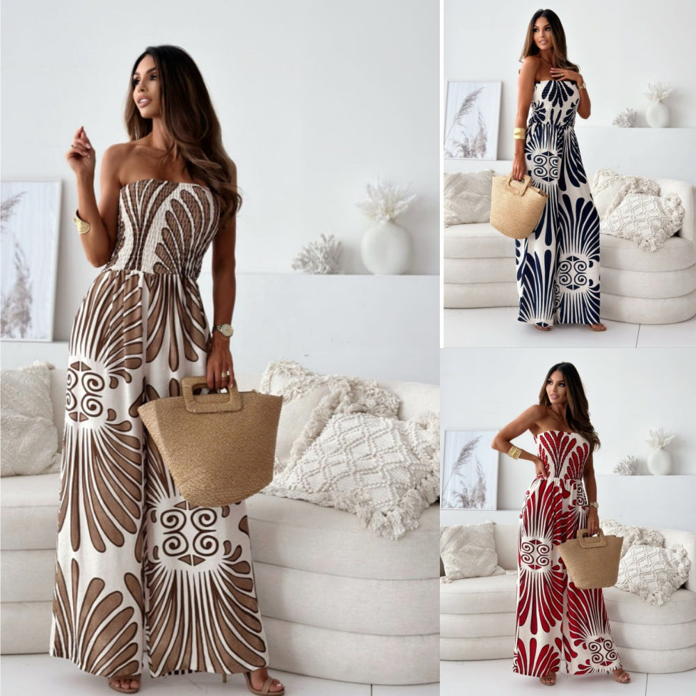 Damer bredskåret jumpsuit med stropløs design og elegant mønster Stilla