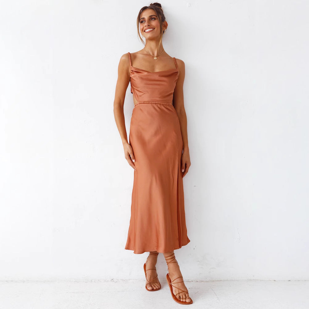 Ladies Satin Maxi Dress with Elegant Wrap Design and Refined Ruffles