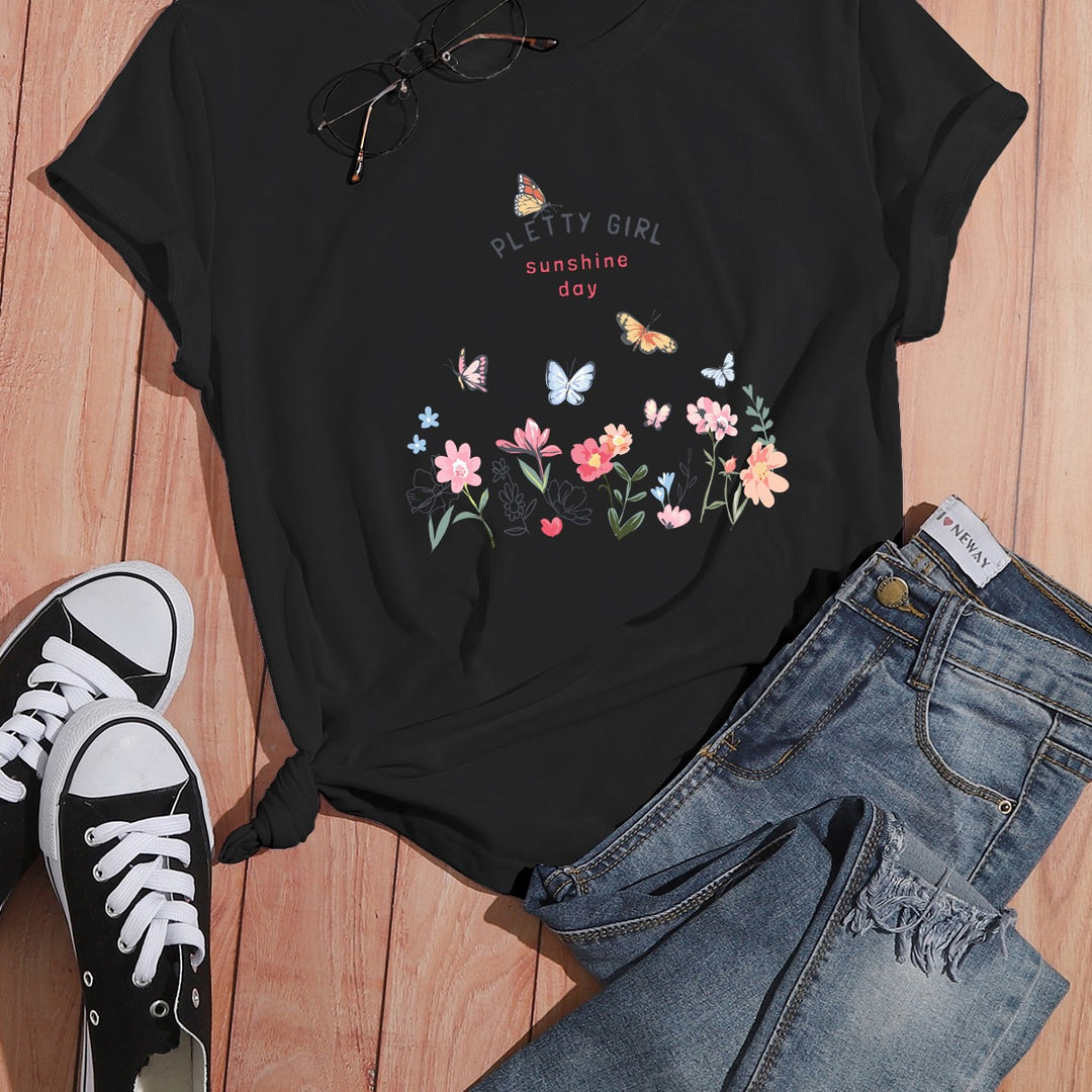 Kvinders t-shirt med legende blomsterprint og elegant print Stilla