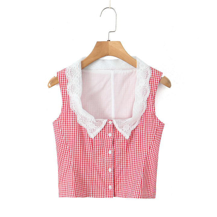 Dame Crop-Top med spidskrave og ternet mønster Stilla