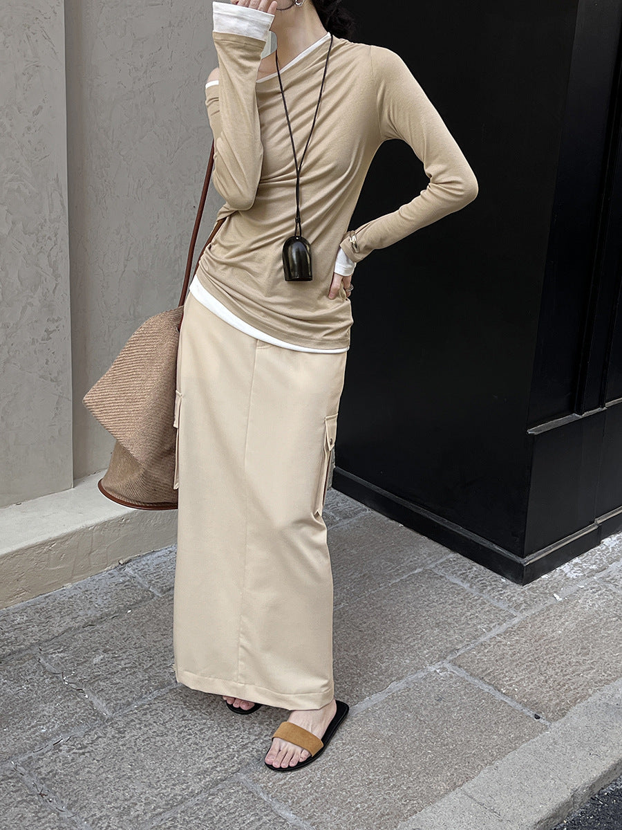Dame Midi skirt med praktiske cargo-lommer og kvalitets bomuldsblanding Stilla