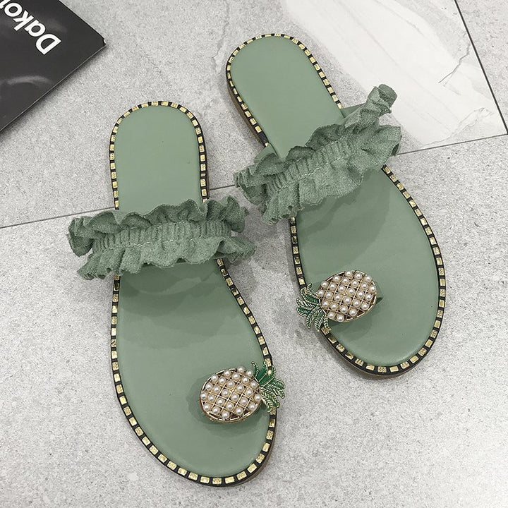 Dame rüschen-sandaler med perle-ananas-applikation og dekorativ kant Skovae