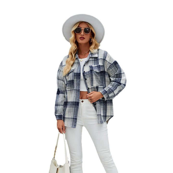 Dame Casual Flannel Skjorte Jakke med Ternet Design og Praktiske Brystlommer Skovae