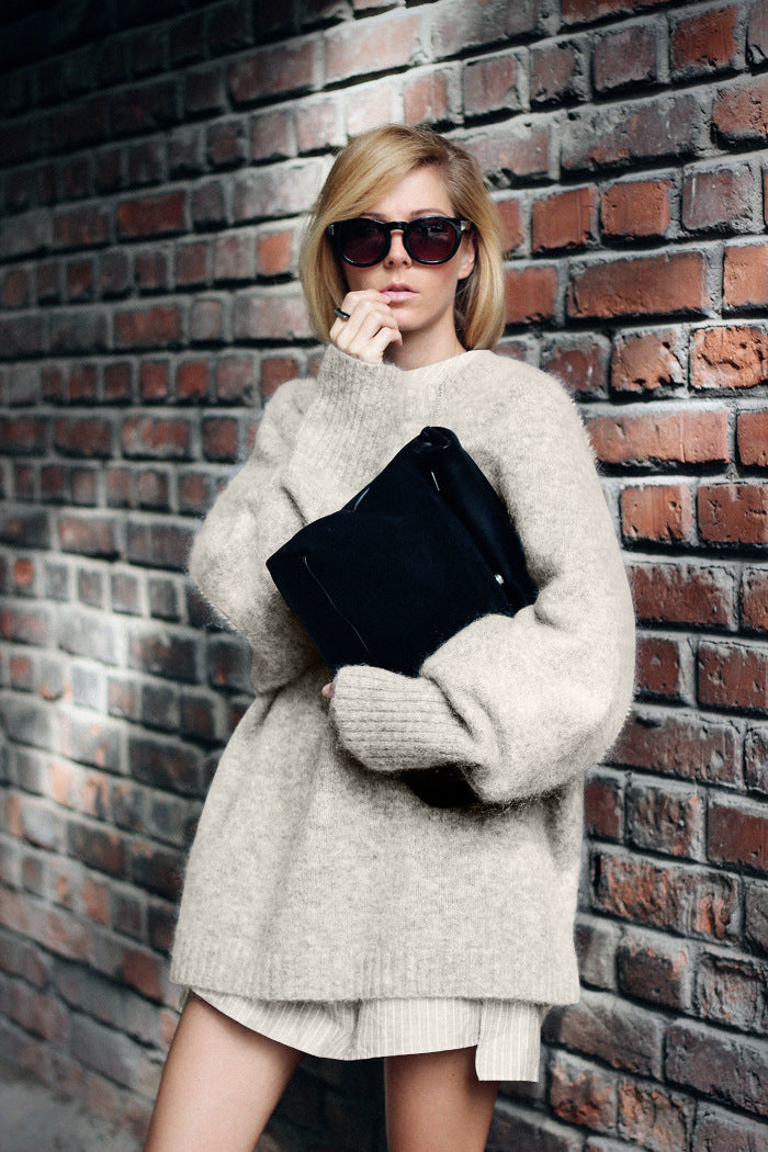 Dame Oversized Strikpullover med høj afsluttende krave og voluminøse ærmer Stilla