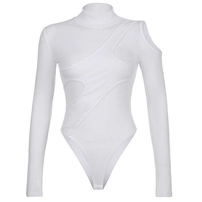Dame Langærmet Bodysuit med innovativt asymmetrisk design og høj krave Stilla