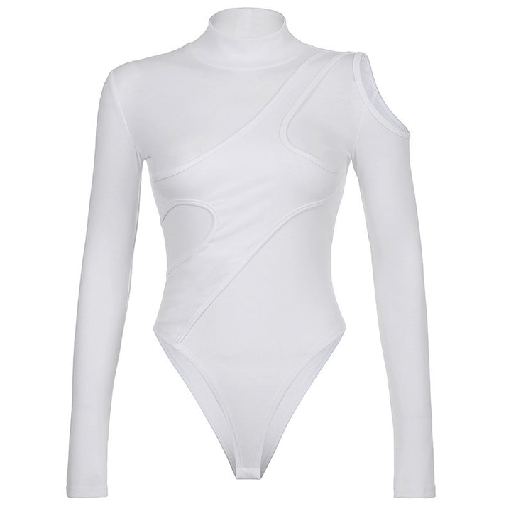 Dame Langærmet Bodysuit med innovativt asymmetrisk design og høj krave Stilla