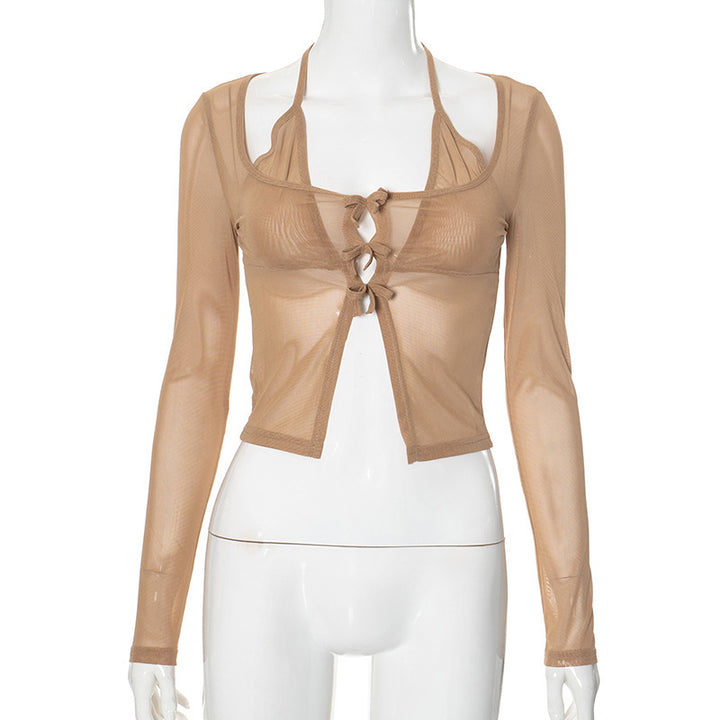 Dame langærmet mesh bluse med justerbart knude-design Skovae