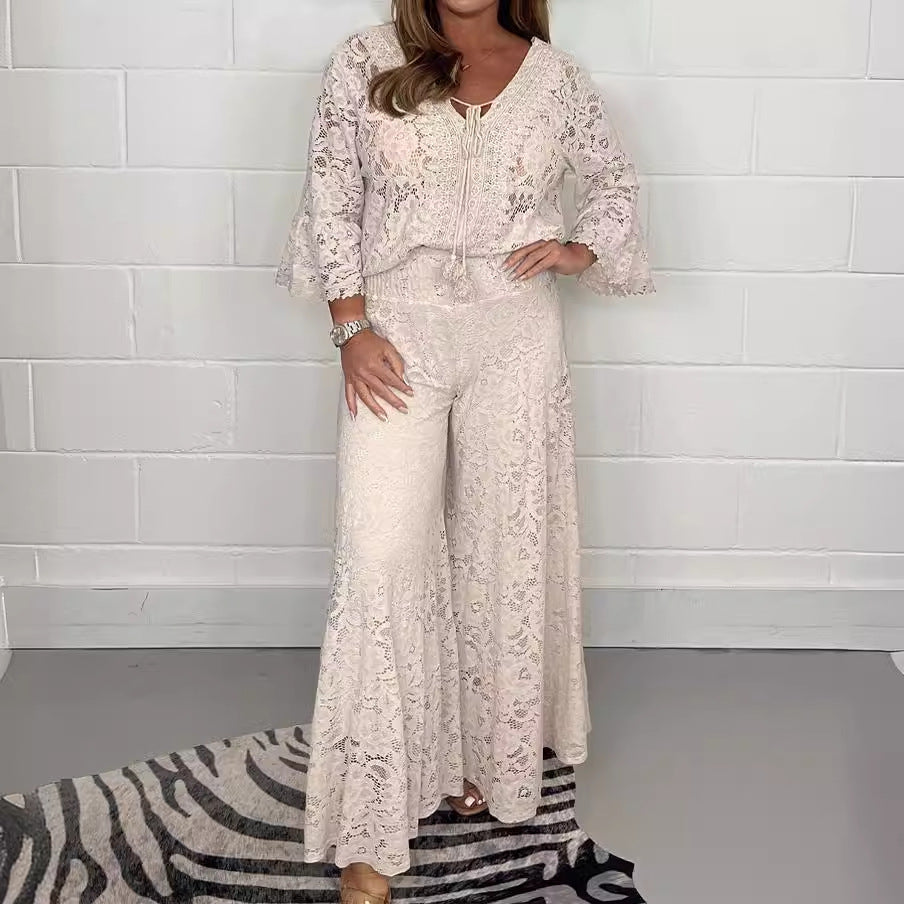 Dame Elegant spidse-outfit med bredt udfoldet bukseben og bindebånd Stilla