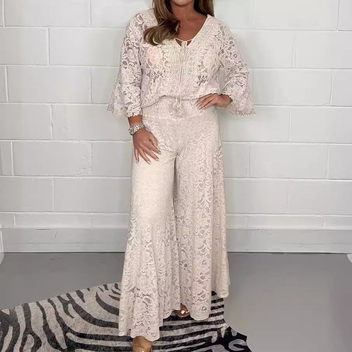 Dame Elegant spidse-outfit med bredt udfoldet bukseben og bindebånd Stilla
