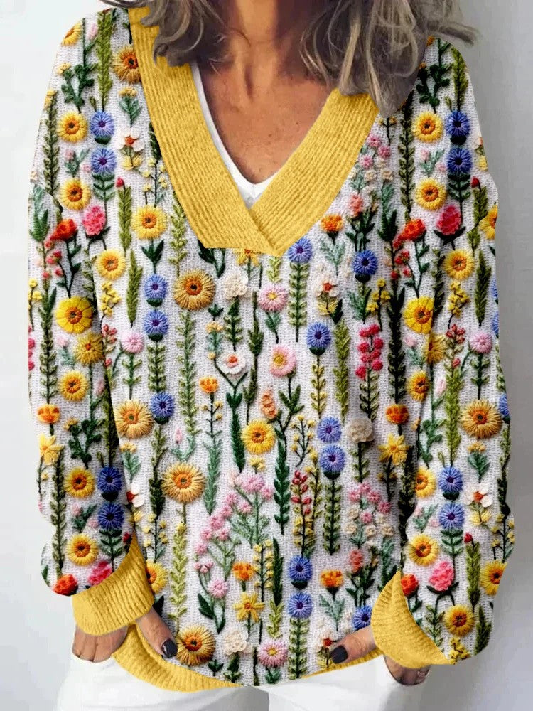 Kvinders V-hals sweater med blomsterdesign og afslappet pasform Stilla