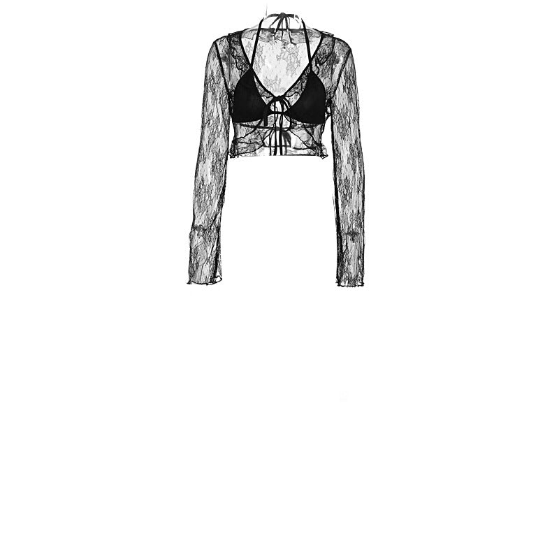 Dame Transparent Bluse med Flæseærmer og fræk Bindebånd Skovae