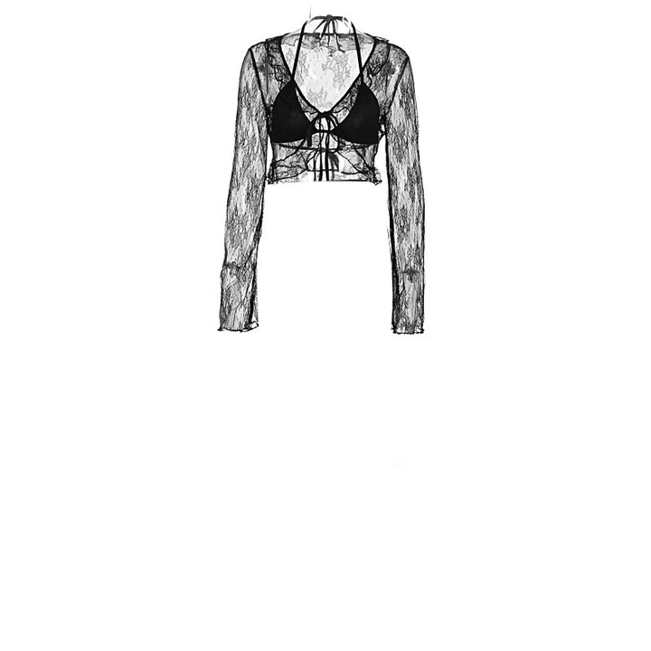 Dame Transparent Bluse med Flæseærmer og fræk Bindebånd Skovae