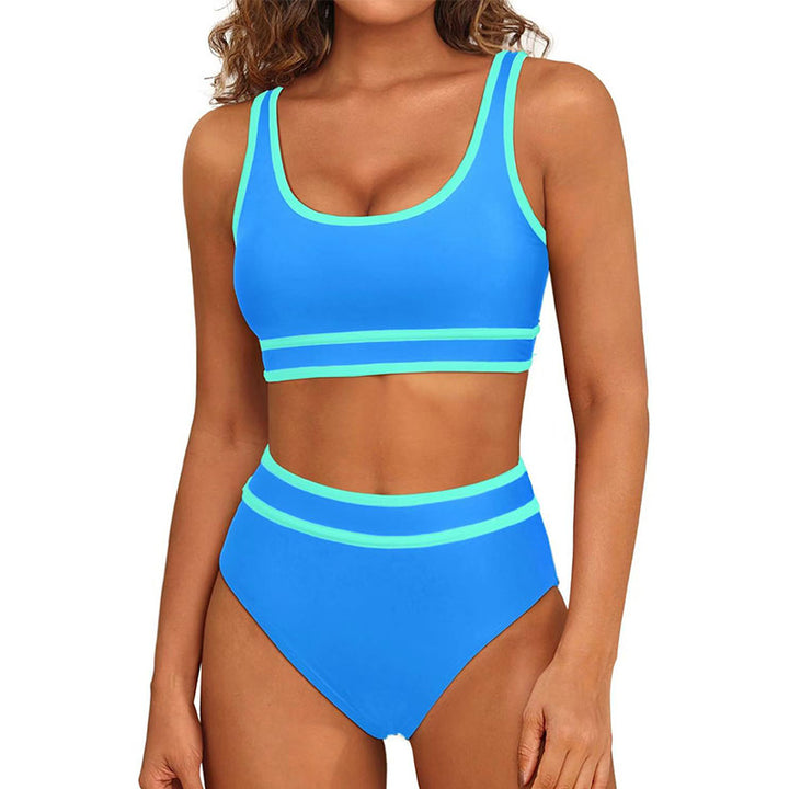 Dame Højtaljede Bikini-Sæt med sportslig Crop-Top og kontrasterende Ærmelydetails Stilla