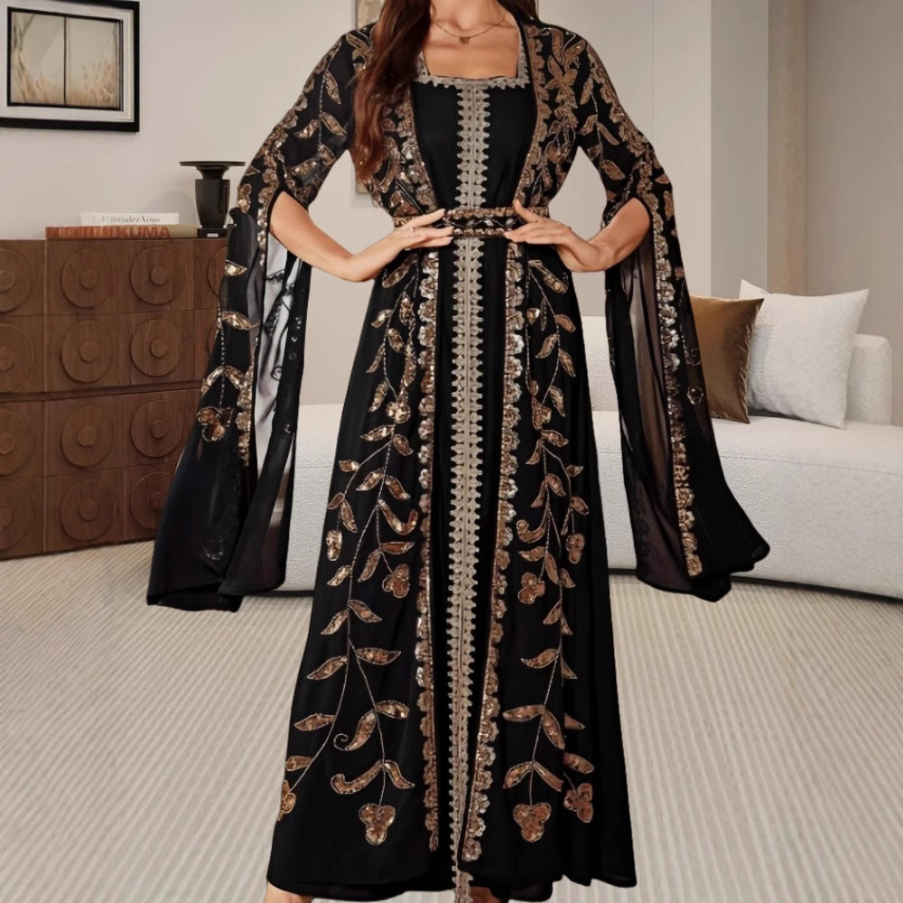 Kvinders elegante kaftan kjole med detaljeret broderi og flydende snit