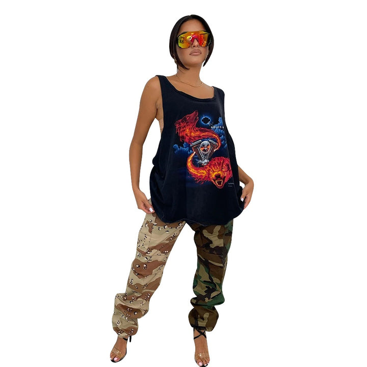 Dame Cargo-bukser med asymmetrisk camouflage-design og elastisk talje Stilla