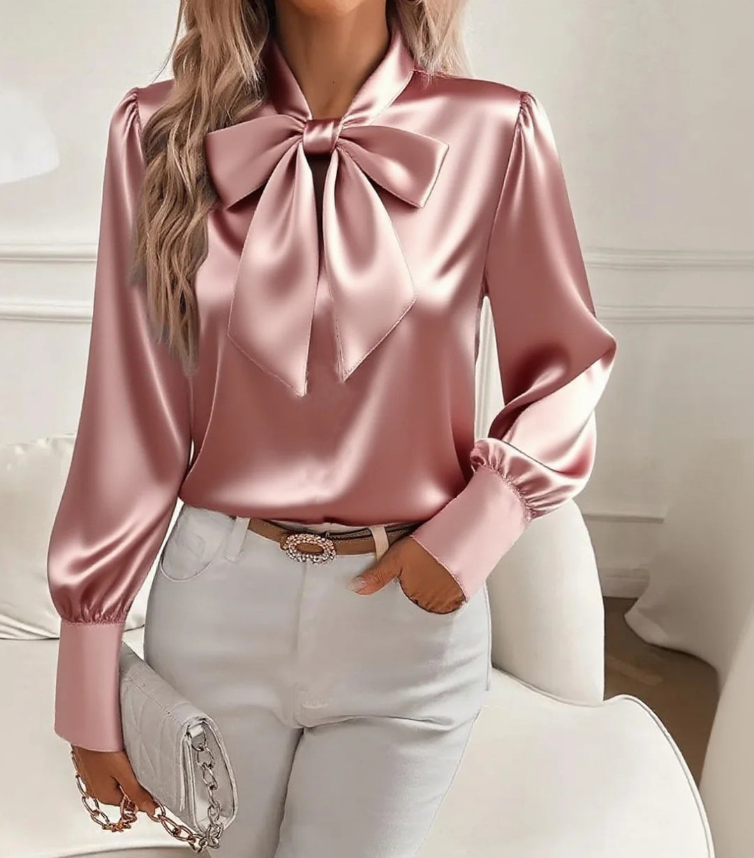 Dame elegant satinbluse med sløjfekrave og pufærmer Skovae