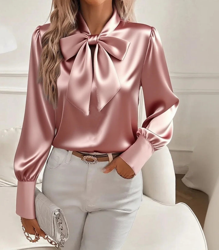 Dame elegant satinbluse med sløjfekrave og pufærmer Skovae