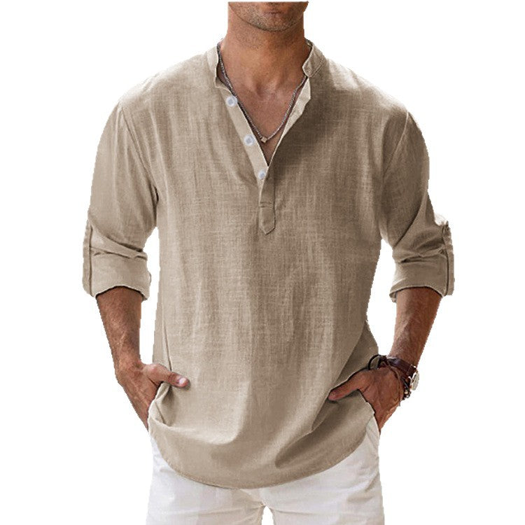 Herrer nan legeres linned Henley-skjorte med ståkrave, oprullede ærmer og buet kant Skovae