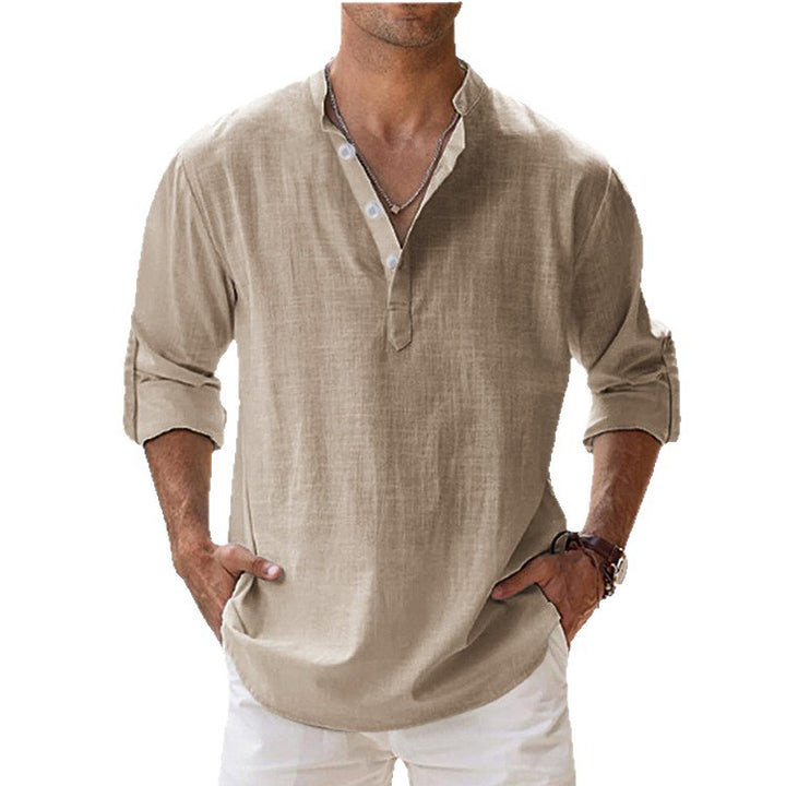 Herrer nan legeres linned Henley-skjorte med ståkrave, oprullede ærmer og buet kant Skovae